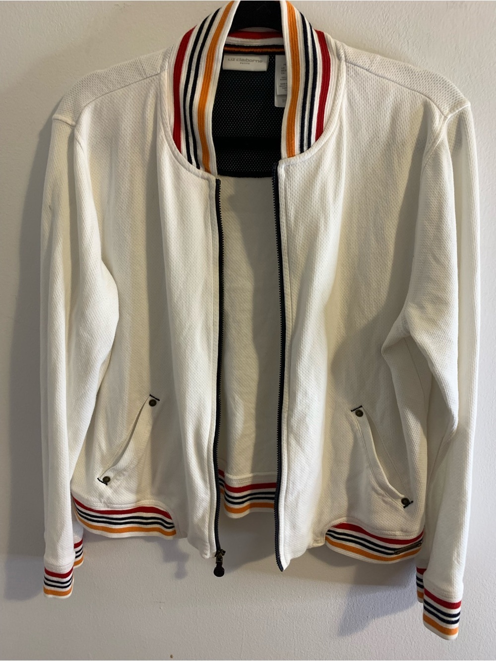 White Women’s Bomber Jacket with Multicolor Stripe Trim